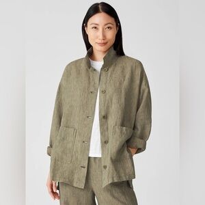 EILEEN FISHER Stand Collar Organic Linen Long Jacket